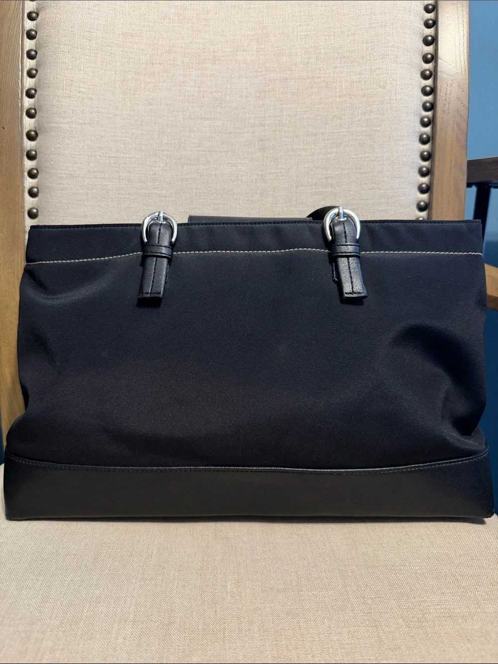 DKNYC Black Nylon Tote Bag with Leather Trim